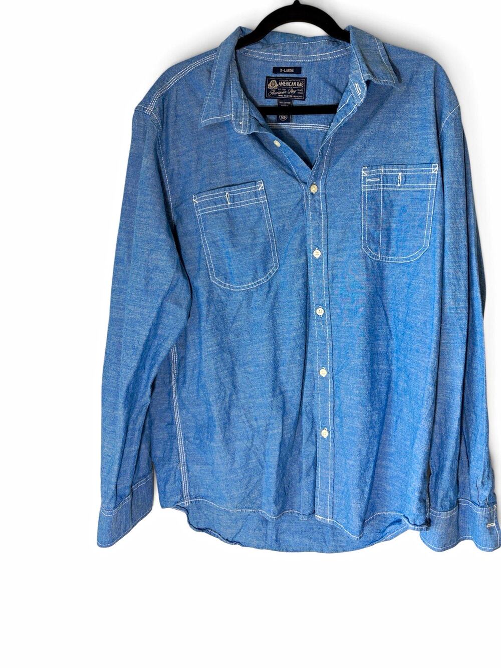 American Rag Men's XL Regular Blue Denim Long Sleeve Collared Button-Up Pockets